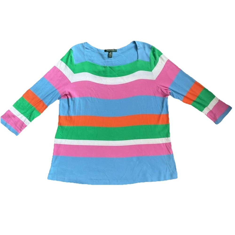 Lauren Ralph Lauren Women's Colorful Striped 3/4 Length Sleeve Square Neck SZ 1X